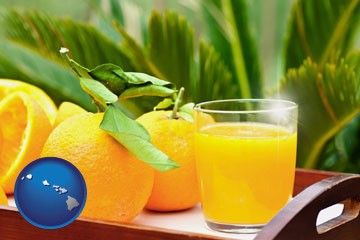 orange juice and fresh oranges - with Hawaii icon
